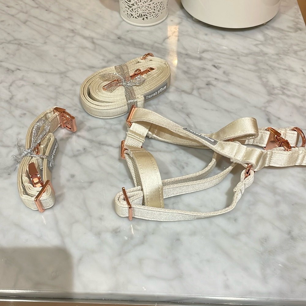 Lionet Paws halter,collar, leash is silky material. cream/white color Size Small